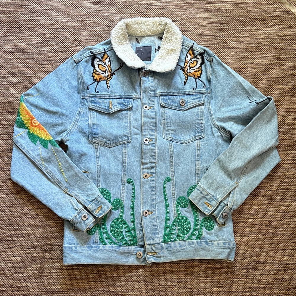 Zara Embroidered Denim Jacket with Fur Collar